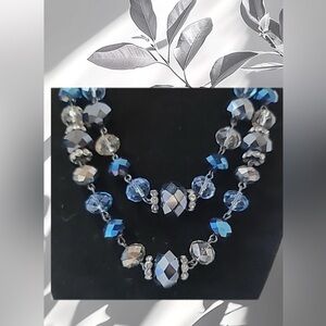 Gorgeous Vintage Crown Trifari Blue Silver Glass Bead Multi Facet Necklace